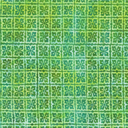 Ornate Gems - Tile Flowers - Green| 100% Cotton Island Batik Fabric